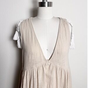 SAGE THE LABEL Beige Cotton Tassel Sleeveless Mini Dress V-Neck XS Boho Resort‎